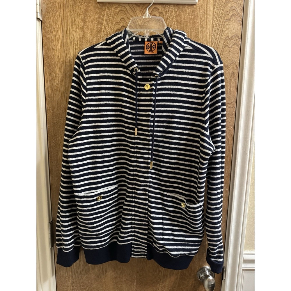 Tory Burch Navy and White Striped Zip Hoodie